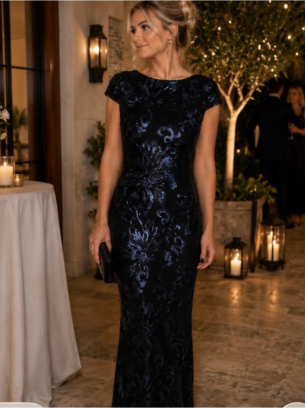 New evening gown sequence and beaded by Calvin Klein (navy beaded on black)